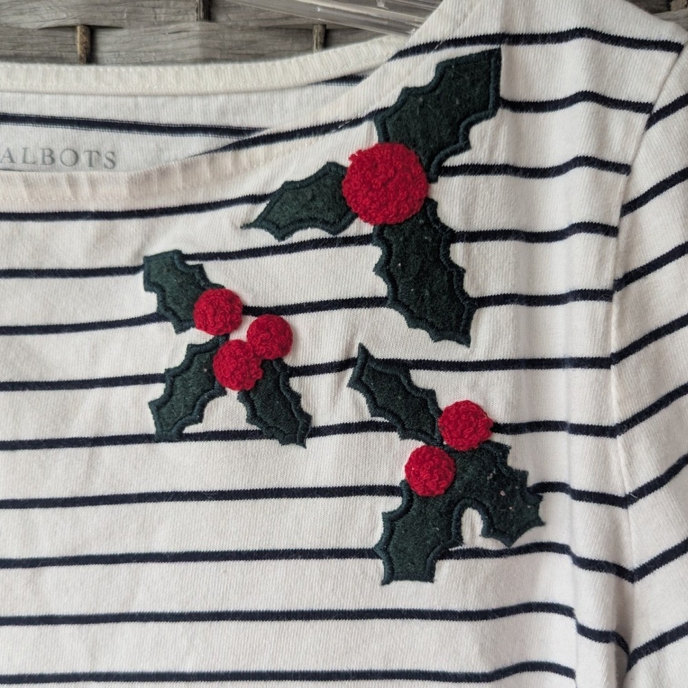 Talbots White Black Striped Holly Berry Applique Women Top Festive Holiday MP